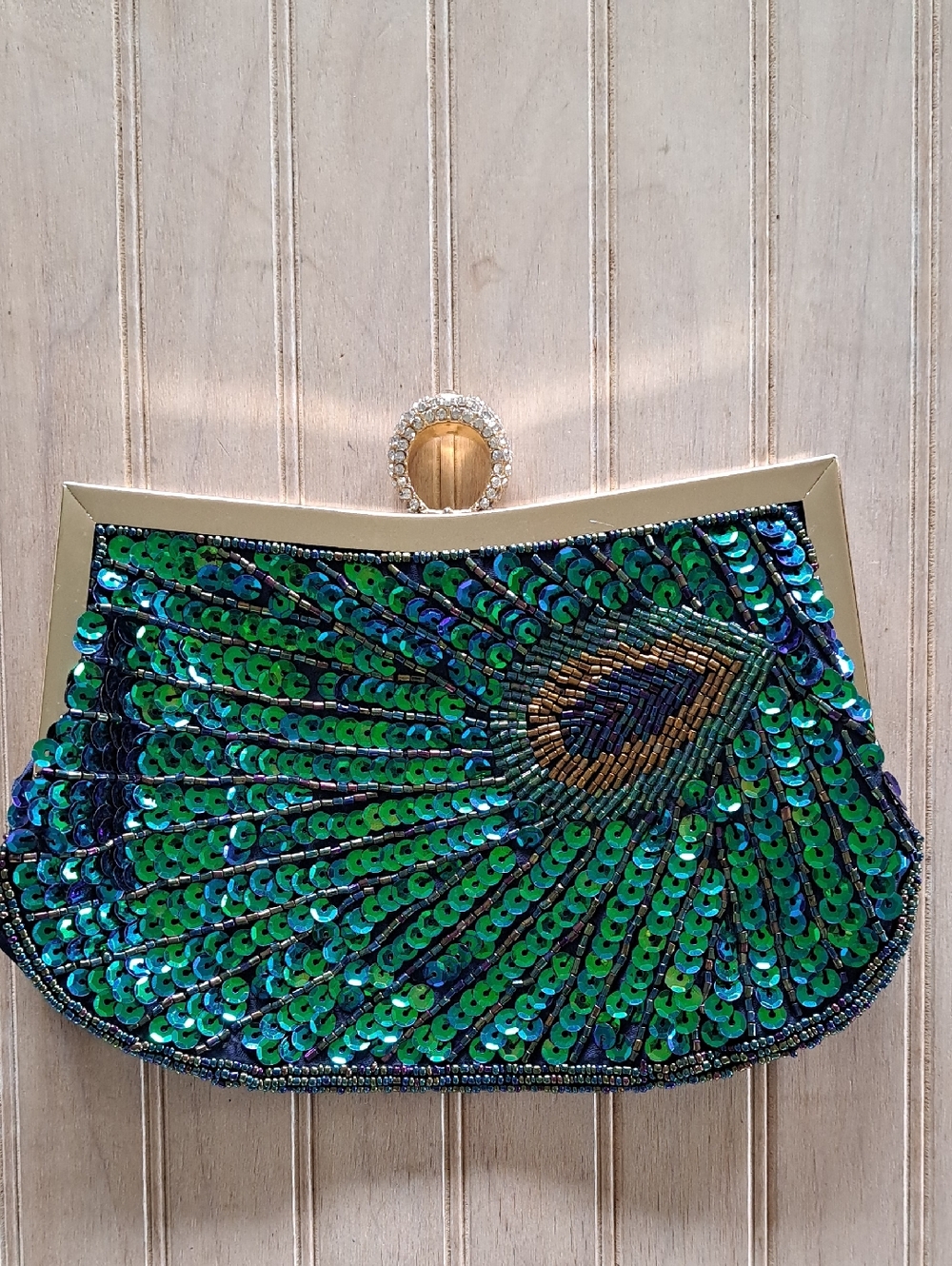 Peacock Sequin Clutch Evening Bag Rhinestone Ring Handle Glam Statement - Picture 2 of 11